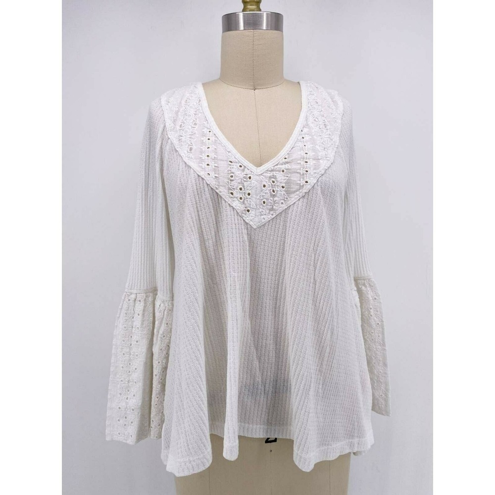 Free People Top XS Parisian Nights Blouse Ivory White Long Sleeve V Neck Eyelet